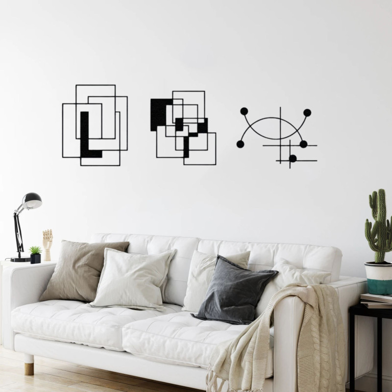 Kit 3 Quadros Abstratos Composição Geométrica MDF — Sala e Quarto