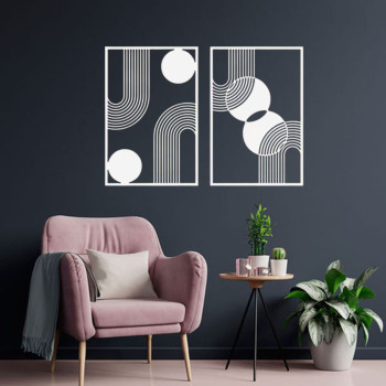 Quadros Vazados Abstrato Círculos e Linhas Minimalistas MDF — Kit 2 Peças