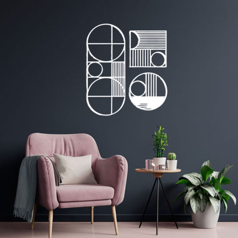 Quadro Vazado Abstrato Geométrico Círculos e Linhas MDF — Sala